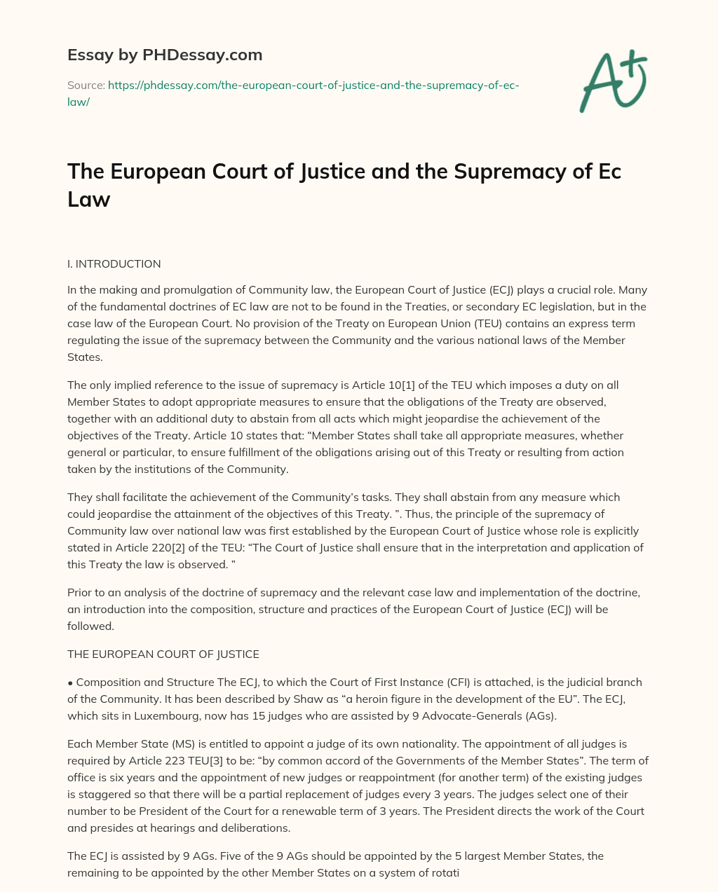 The European Court of Justice and the Supremacy of Ec Law essay