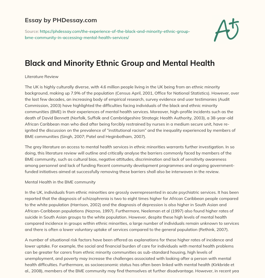 Black and Minority Ethnic Group and Mental Health essay