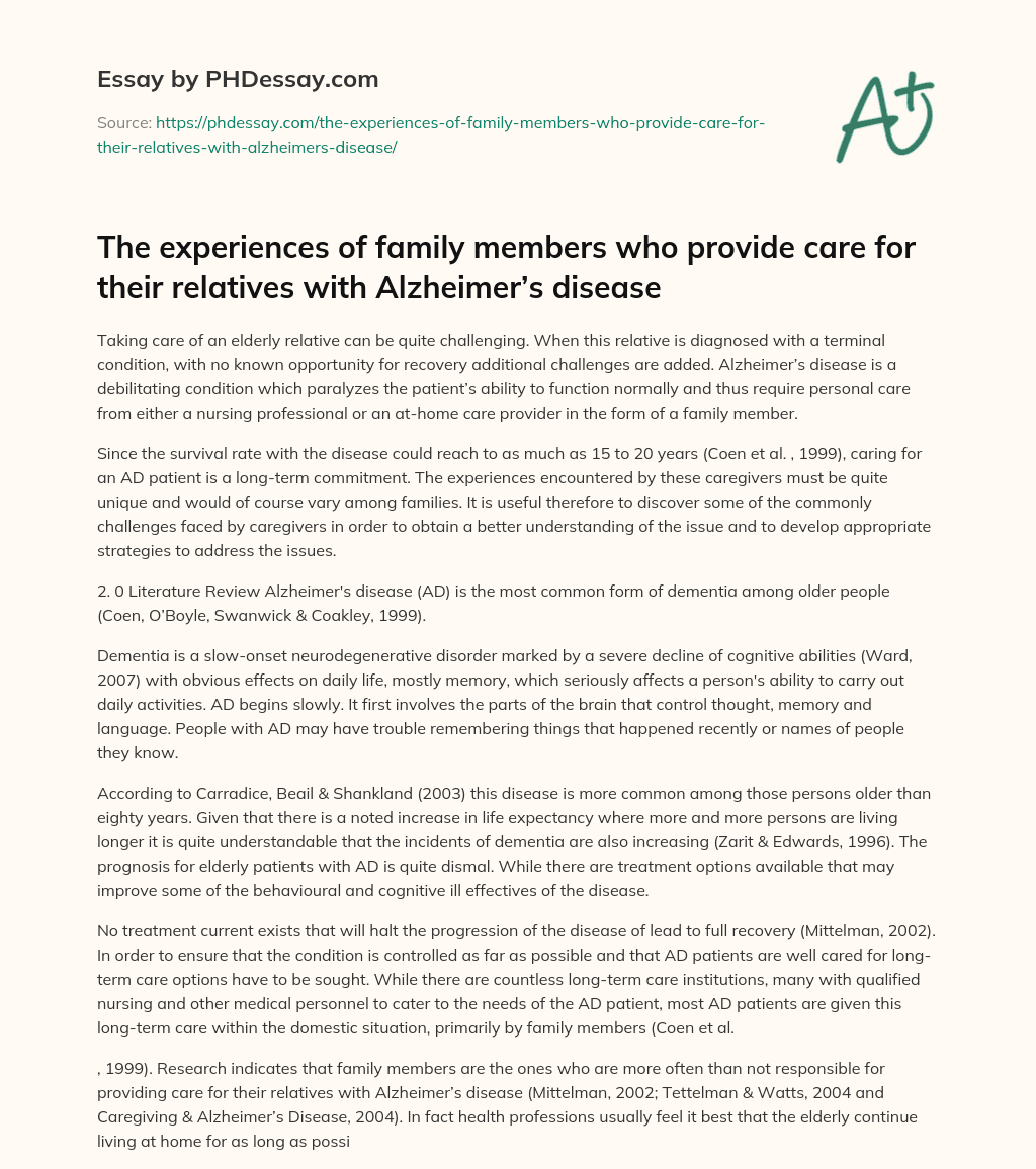 Challenges of Caring for Elderly Relatives with Alzheimer’s Disease: A Literature Review essay