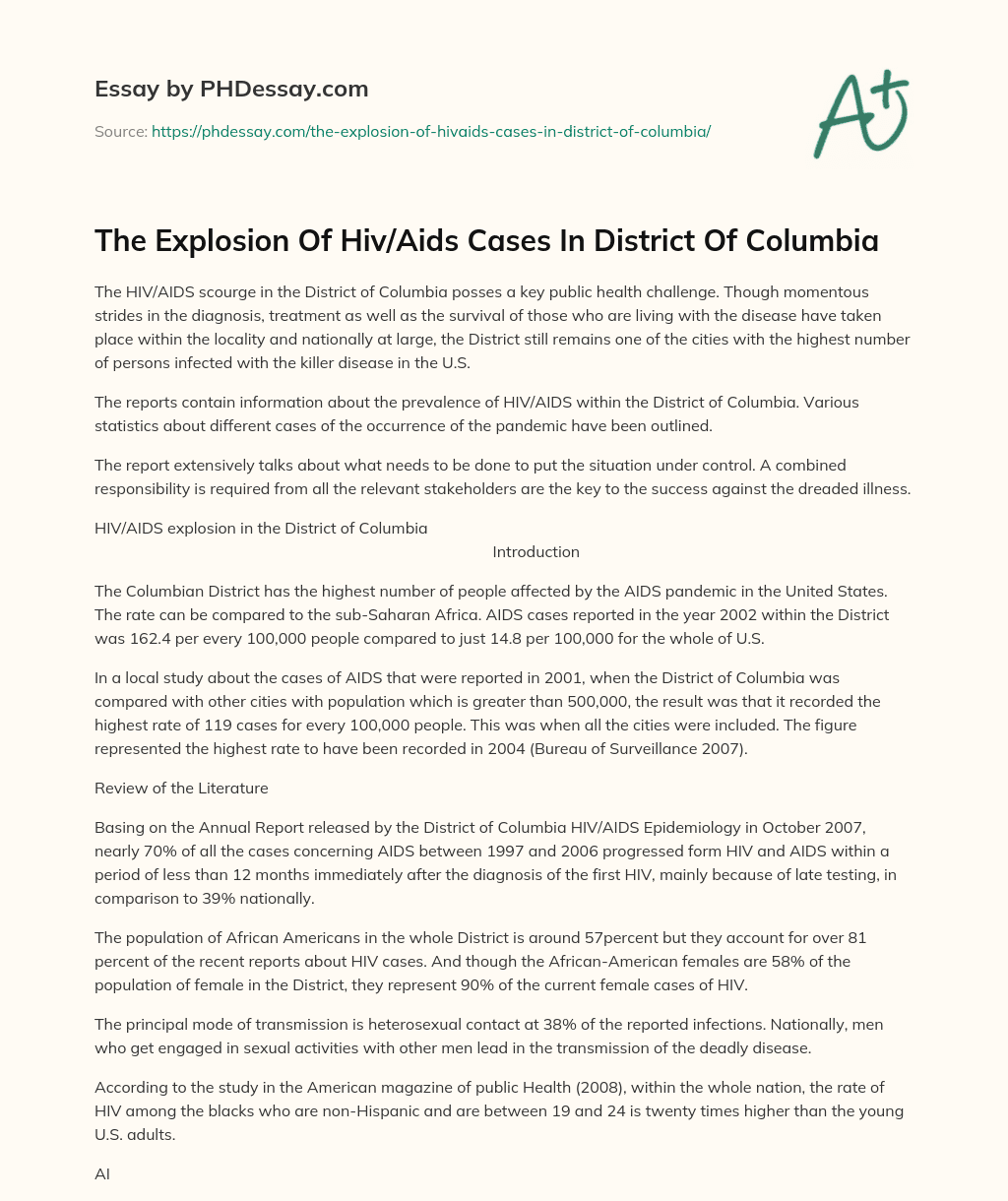 The Explosion Of Hiv/Aids Cases In District Of Columbia essay