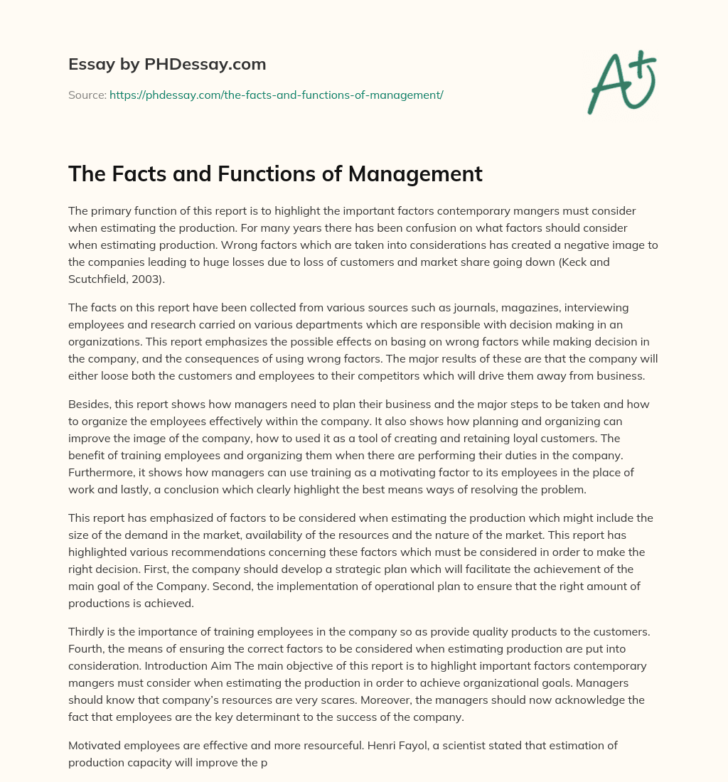 The Facts and Functions of Management essay