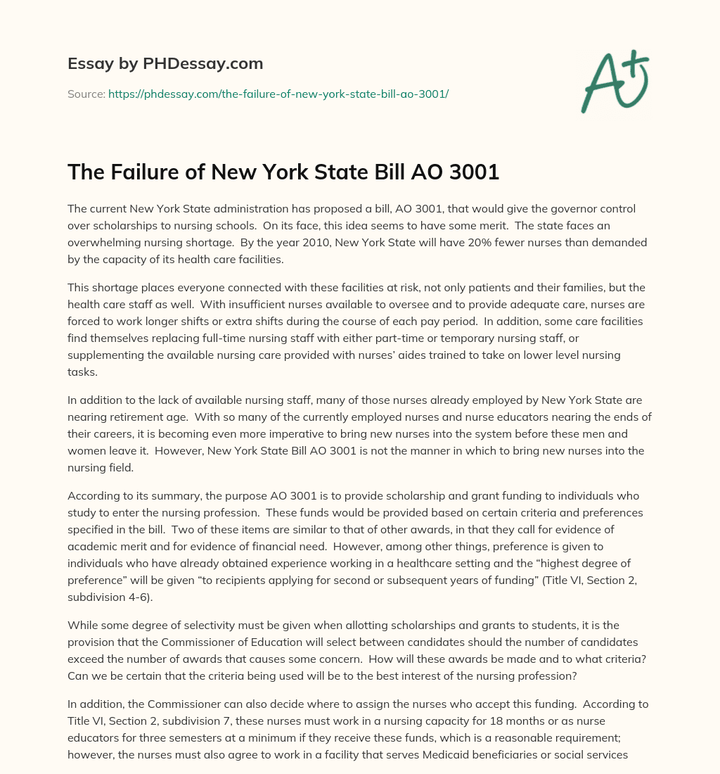The Failure of New York State Bill AO 3001 essay