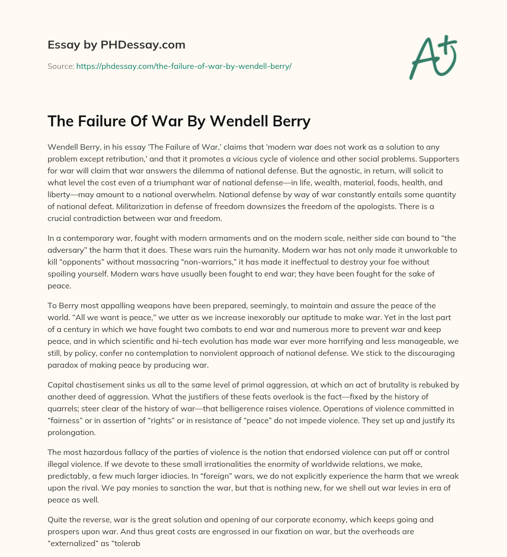 The Failure Of War By Wendell Berry essay