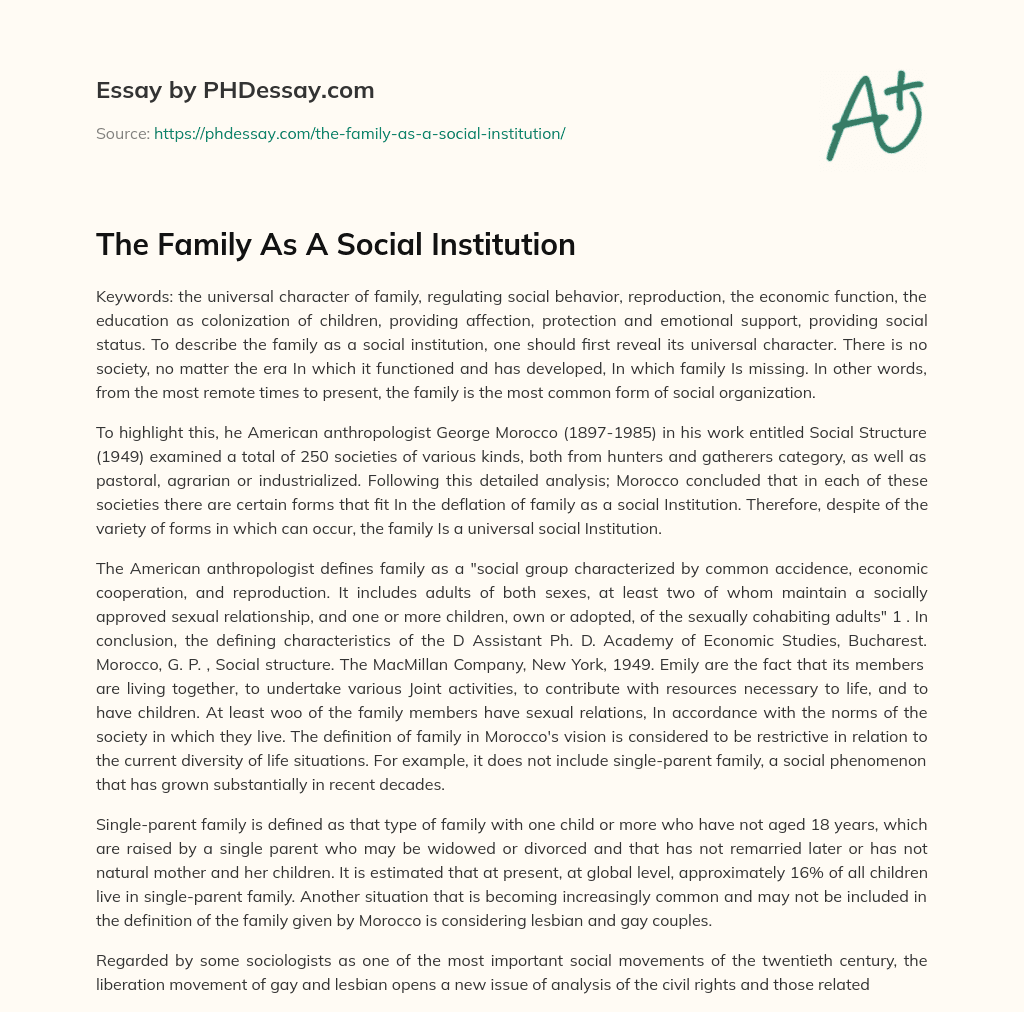 The Family As A Social Institution Personal And Definition Essay 