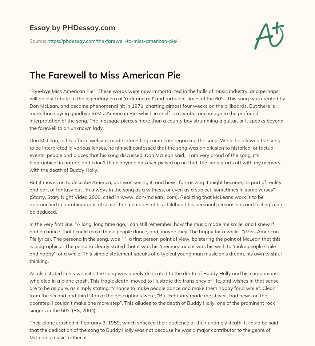 The Farewell to Miss American Pie essay