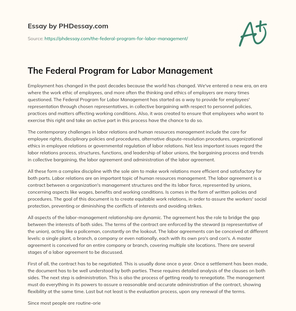 The Federal Program for Labor Management essay