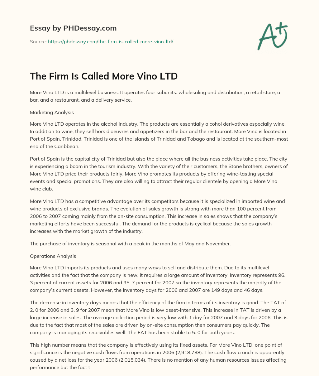 The Firm Is Called More Vino LTD essay