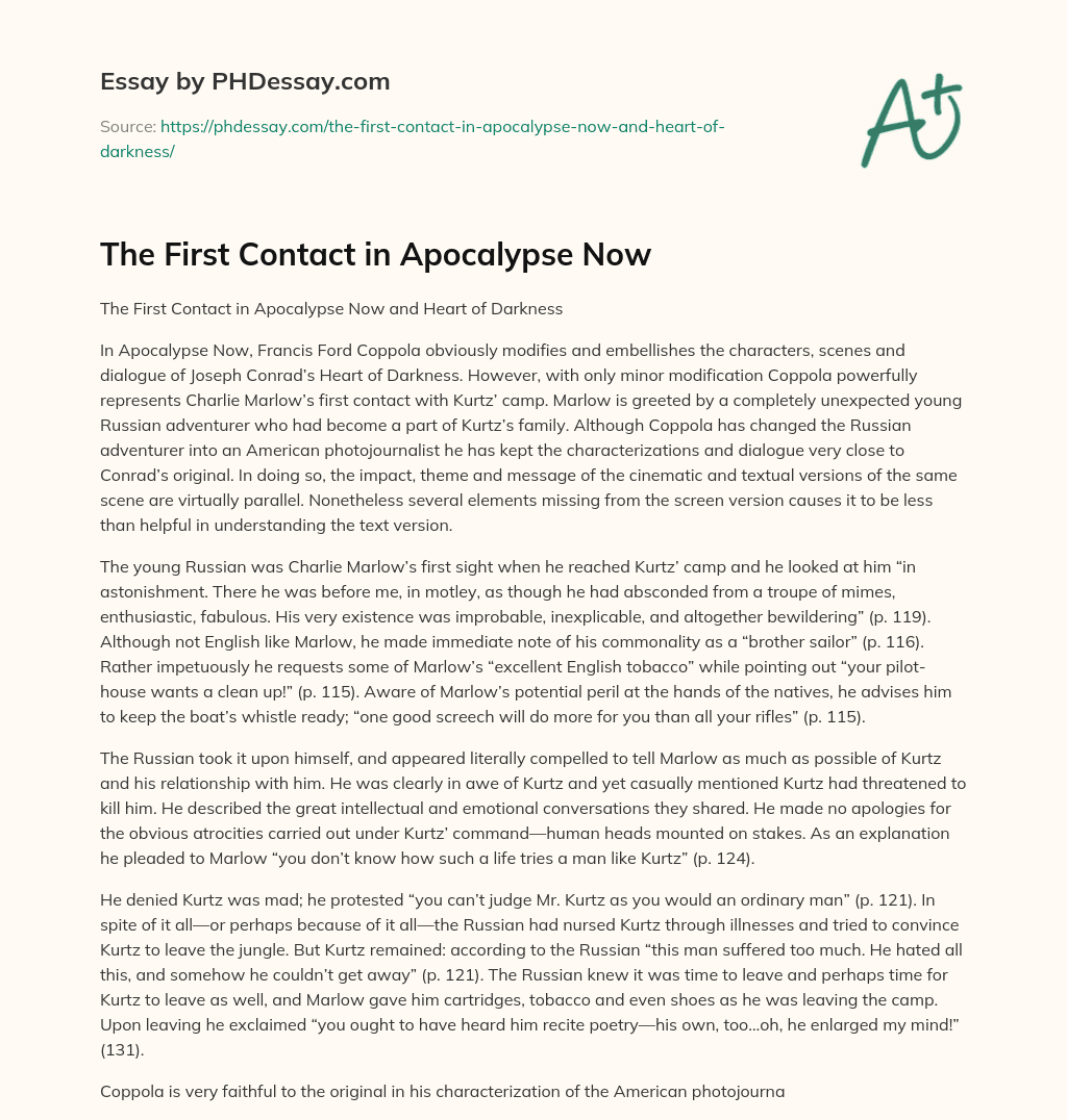 The First Contact in Apocalypse Now essay