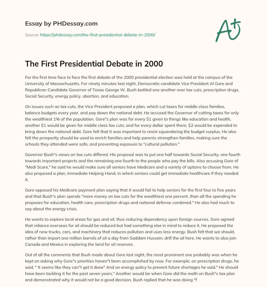 The First Presidential Debate in 2000 essay