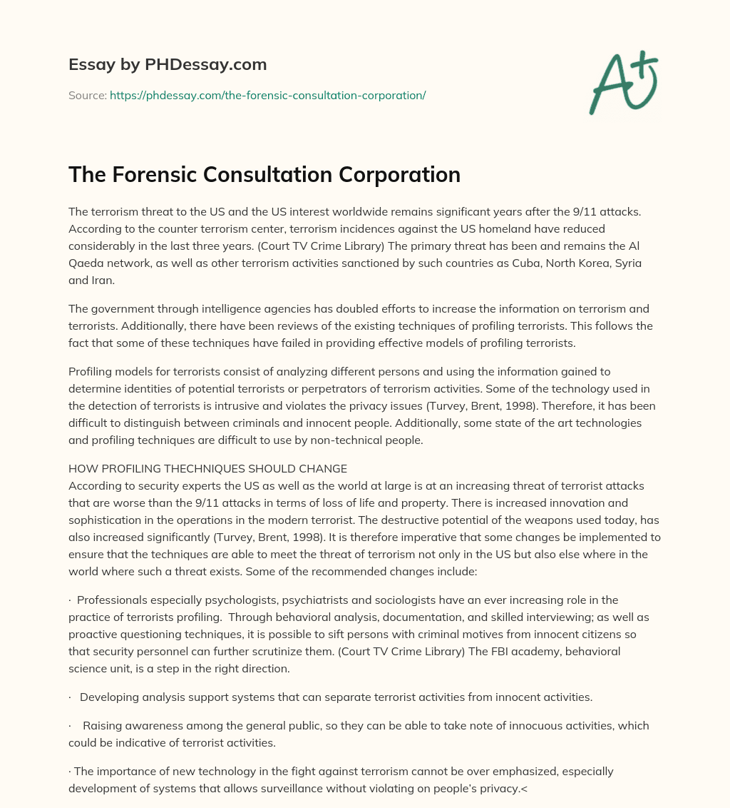 The Forensic Consultation Corporation essay