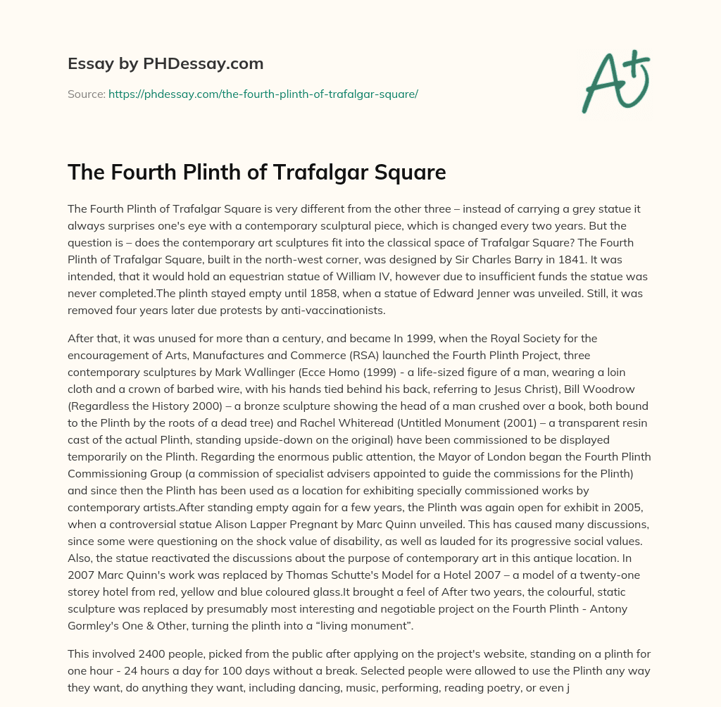 The Fourth Plinth of Trafalgar Square essay