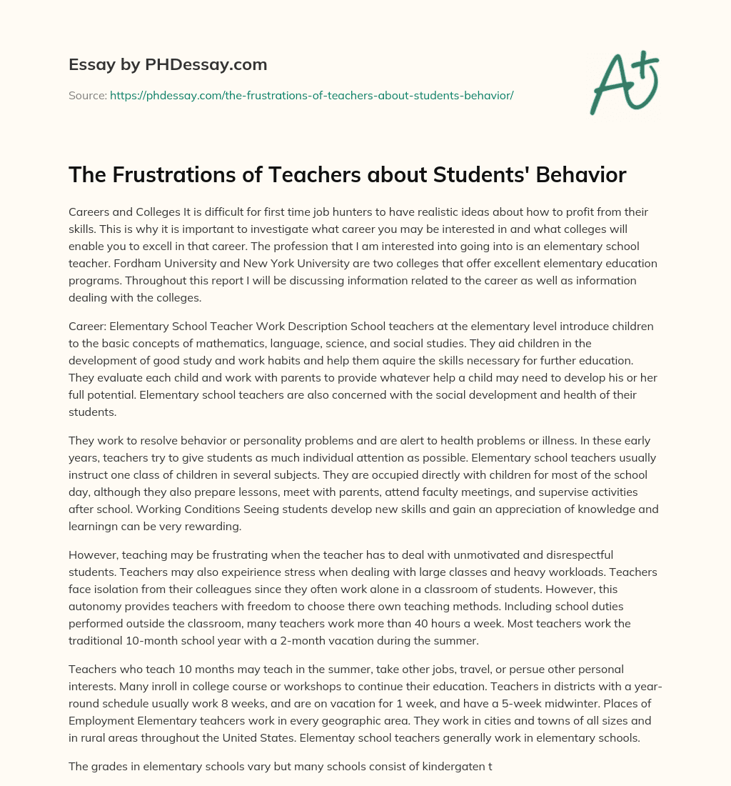 The Frustrations of Teachers about Students’ Behavior essay