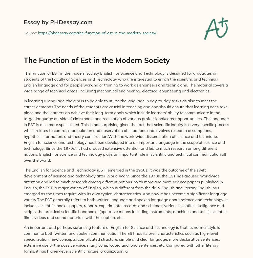 The Function of Est in the Modern Society essay