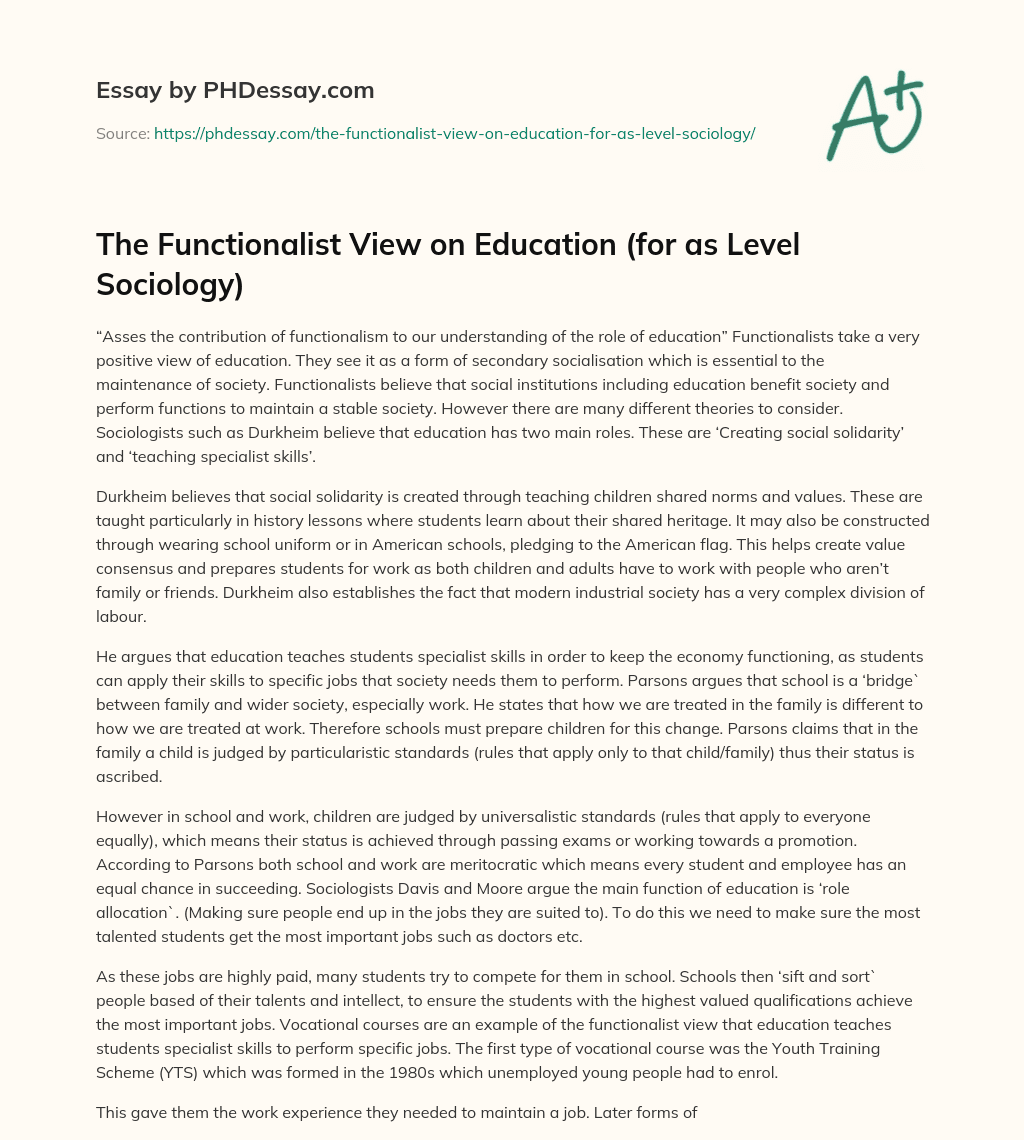 functionalist view on education essay