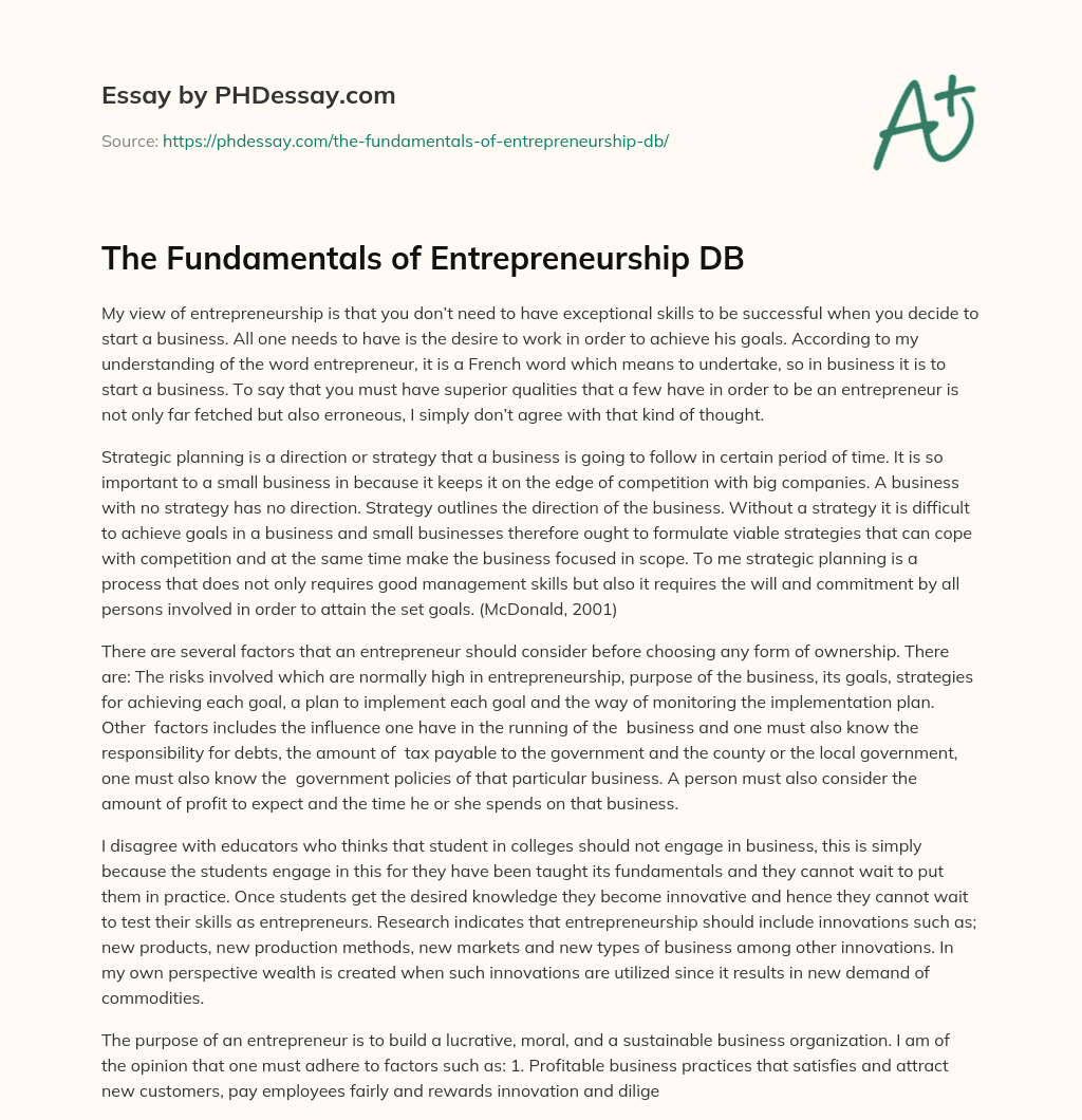 The Fundamentals of Entrepreneurship DB essay