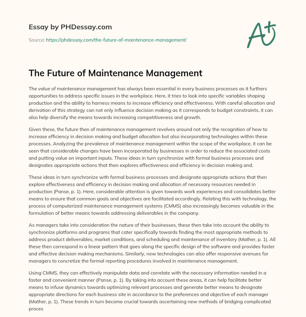 The Future of Maintenance Management essay