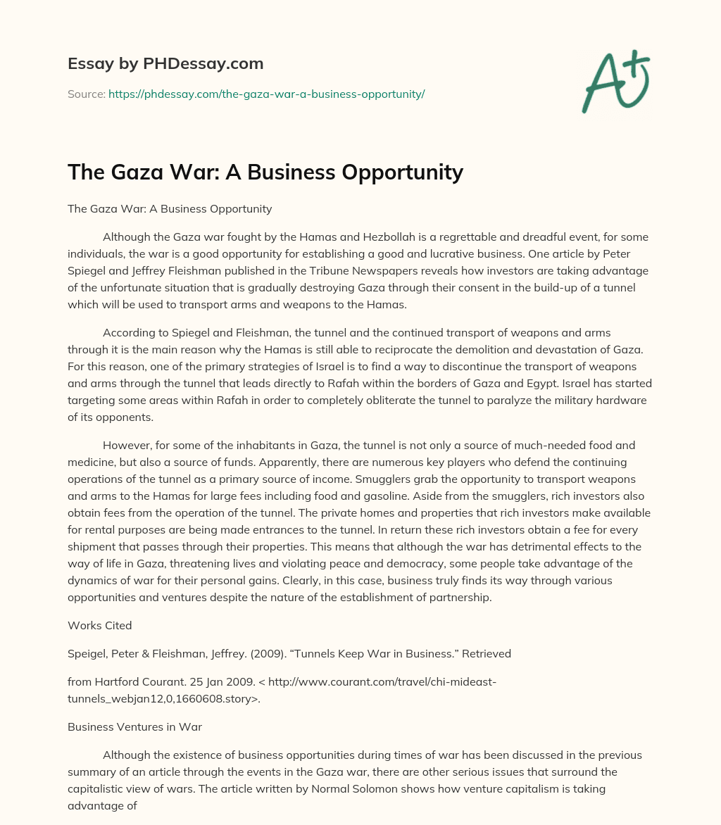 The Gaza War: A Business Opportunity essay