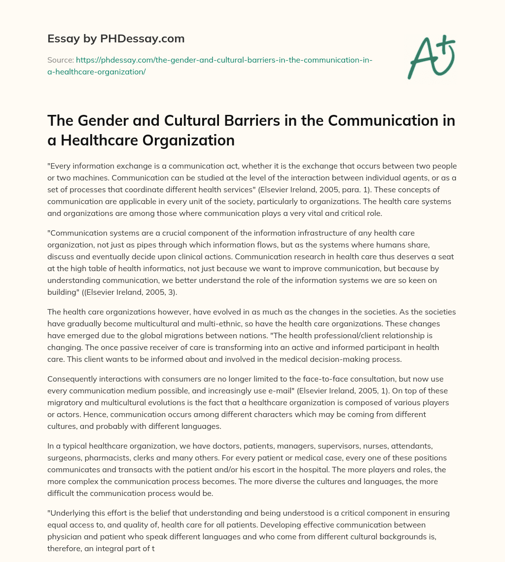 The Gender and Cultural Barriers in the Communication in a Healthcare Organization essay
