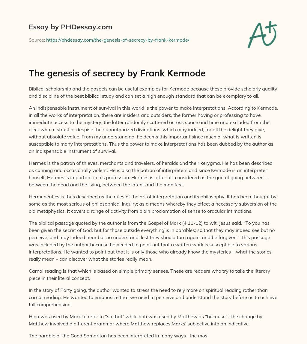 The genesis of secrecy by Frank Kermode essay