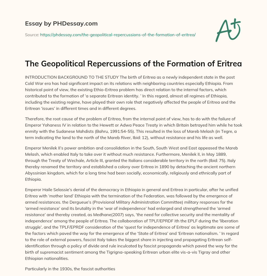 The Geopolitical Repercussions of the Formation of Eritrea essay