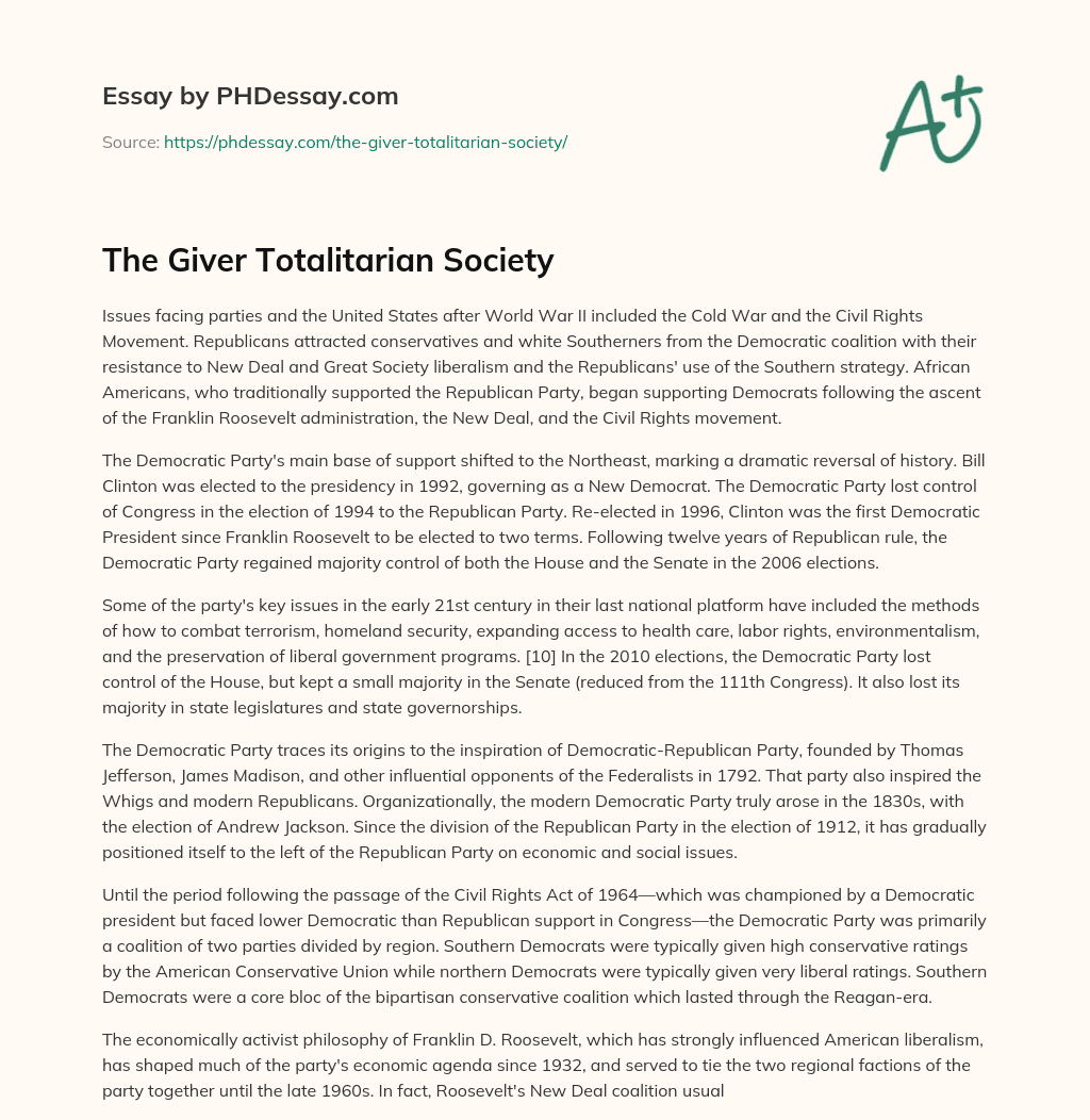 The Giver Totalitarian Society essay