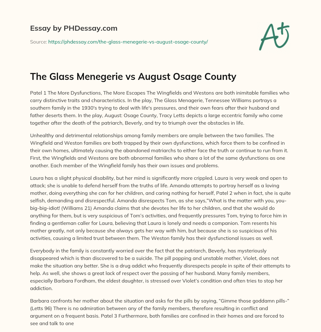 The Glass Menegerie vs August Osage County essay