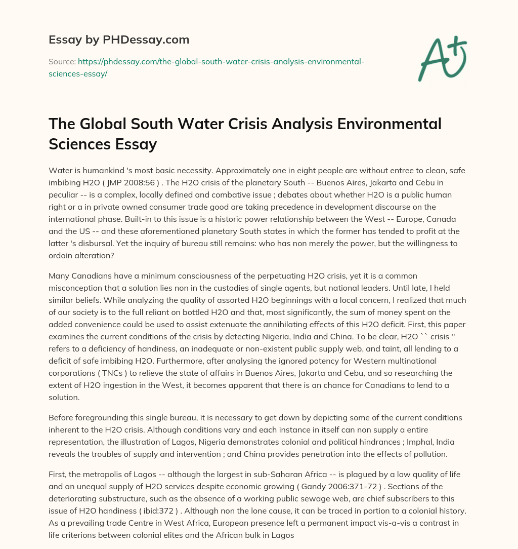 The Global South Water Crisis Analysis Environmental Sciences Essay essay