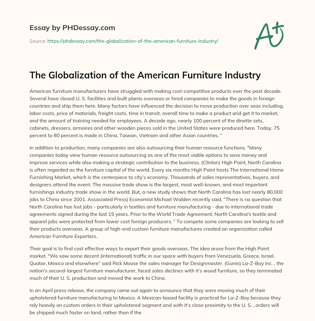 The Globalization of the American Furniture Industry essay