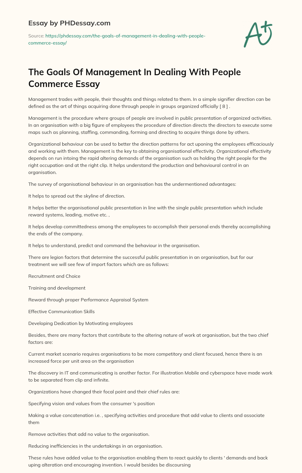 The Goals Of Management In Dealing With People Commerce Essay essay