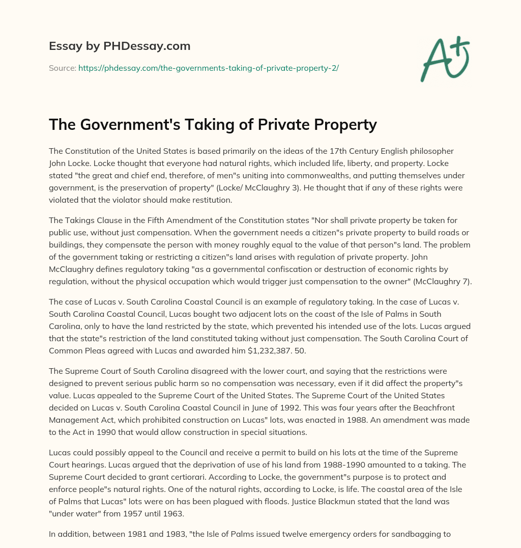 The Government’s Taking of Private Property essay