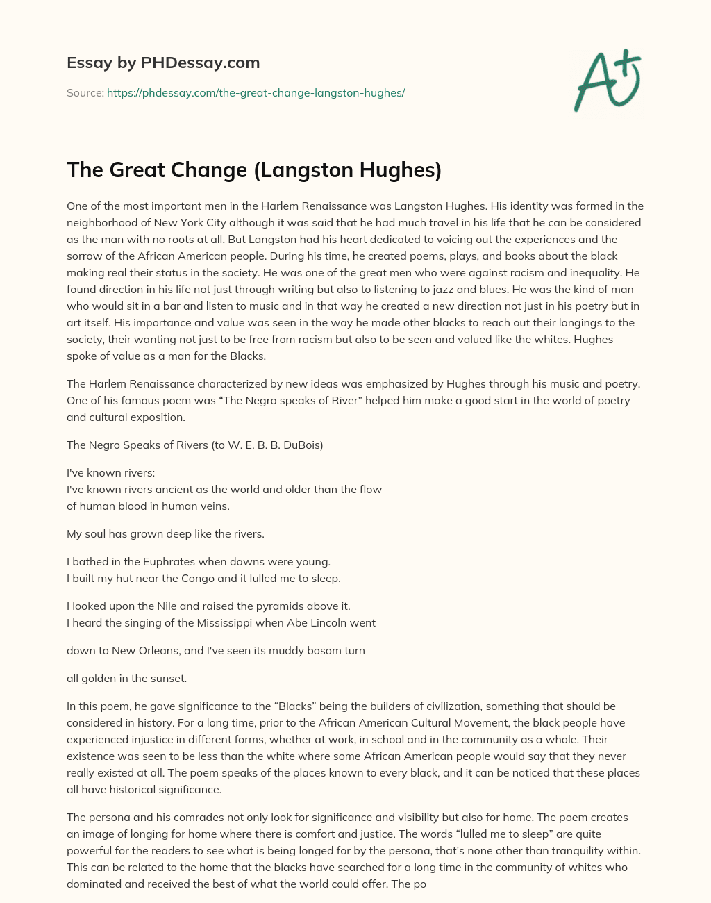 The Great Change (Langston Hughes) essay
