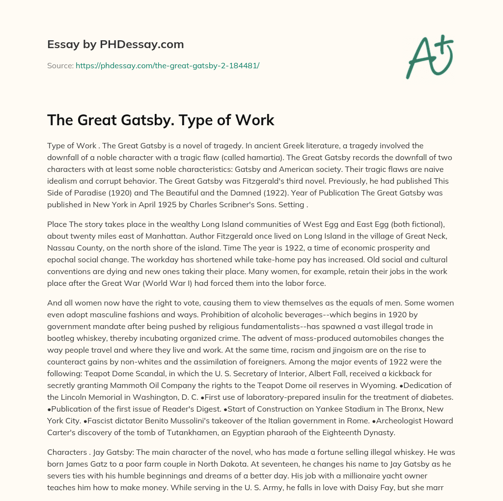 The Great Gatsby. Type of Work essay