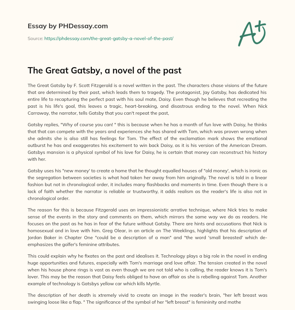 The Great Gatsby, a novel of the past essay