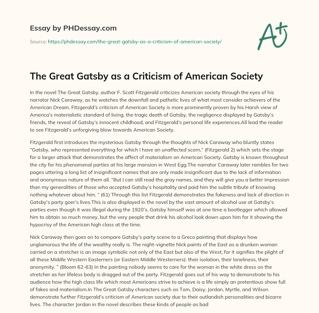 The Great Gatsby as a Criticism of American Society essay