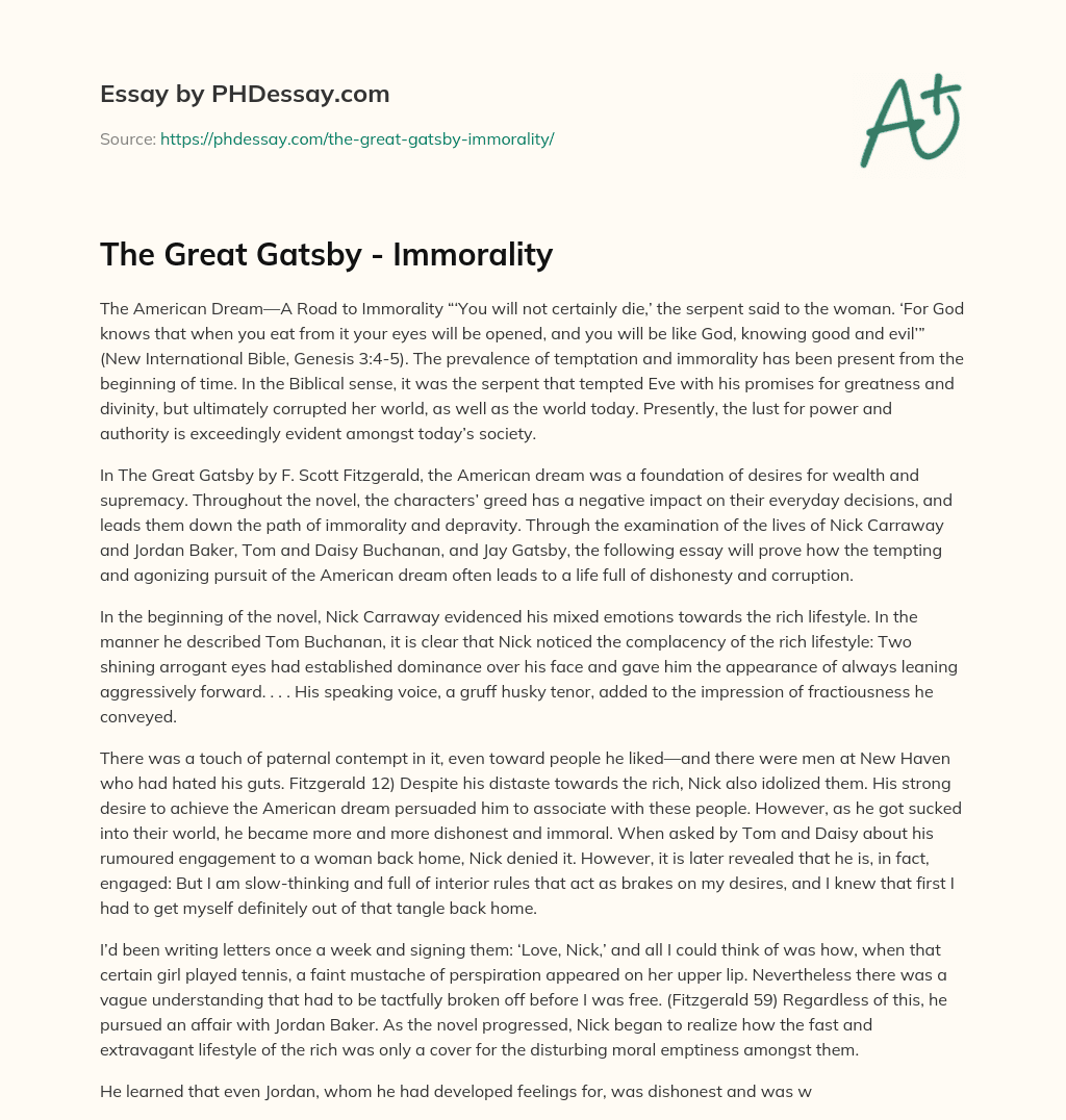 The Great Gatsby – Immorality essay