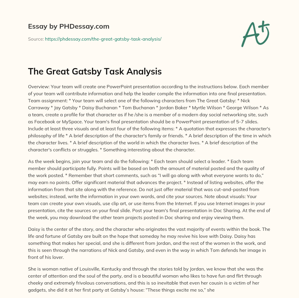The Great Gatsby Task Analysis essay