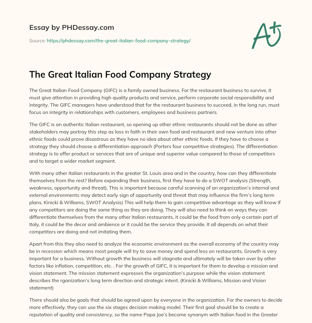 The Great Italian Food Company Strategy essay