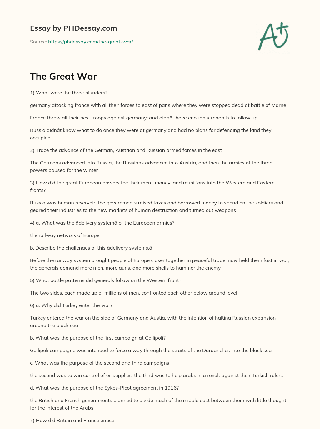 The Great War essay