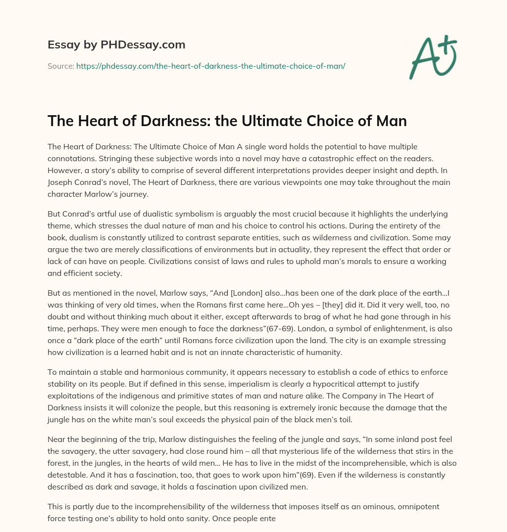 The Heart of Darkness: the Ultimate Choice of Man essay
