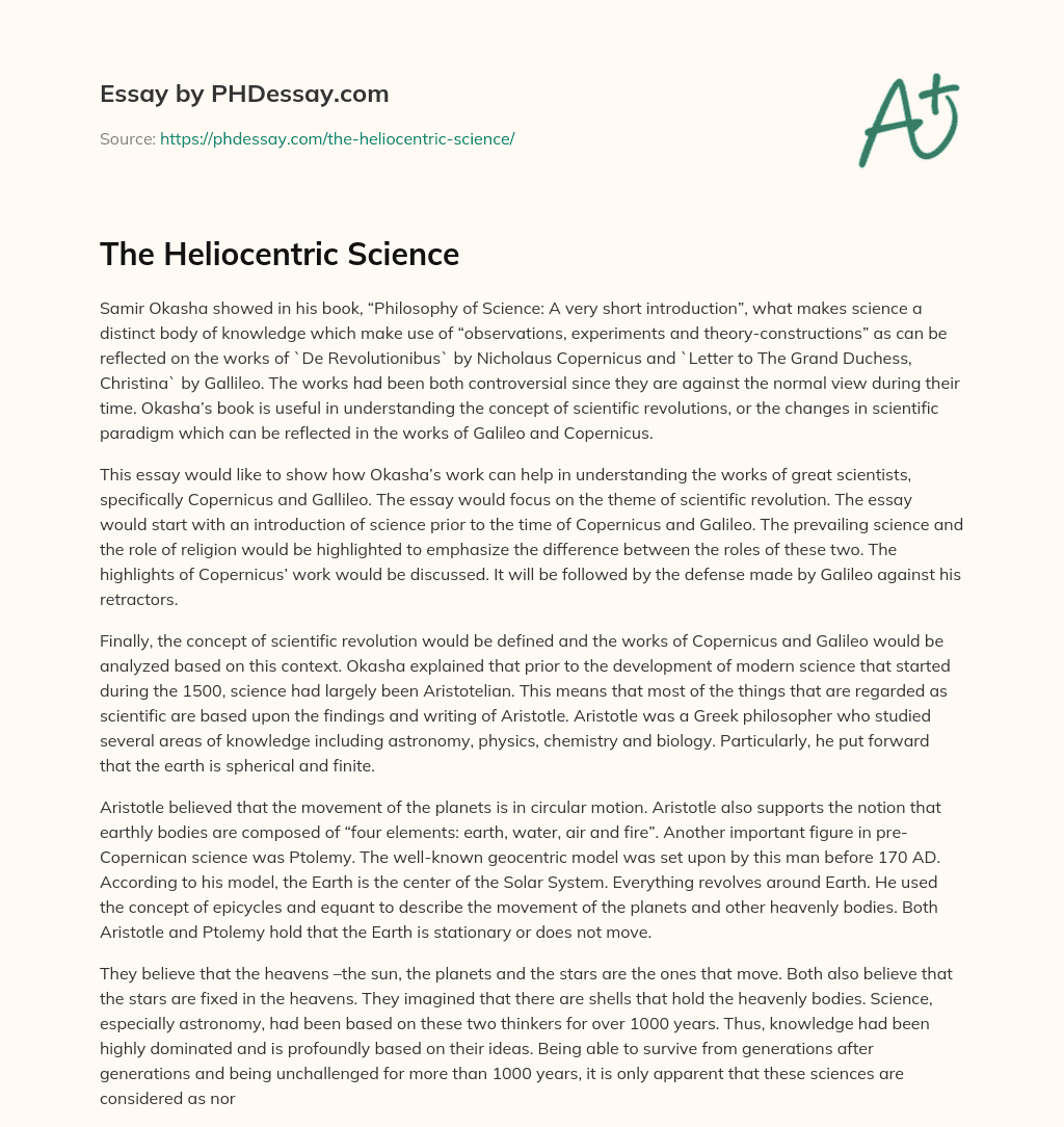 The Heliocentric Science essay