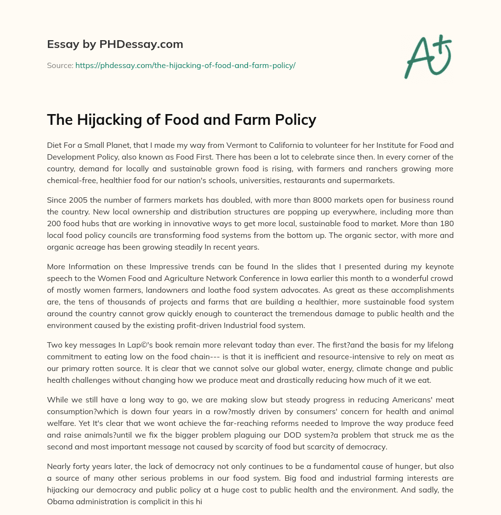The Hijacking of Food and Farm Policy essay