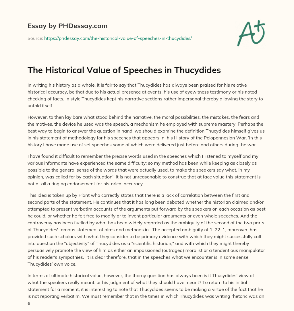 The Historical Value of Speeches in Thucydides essay