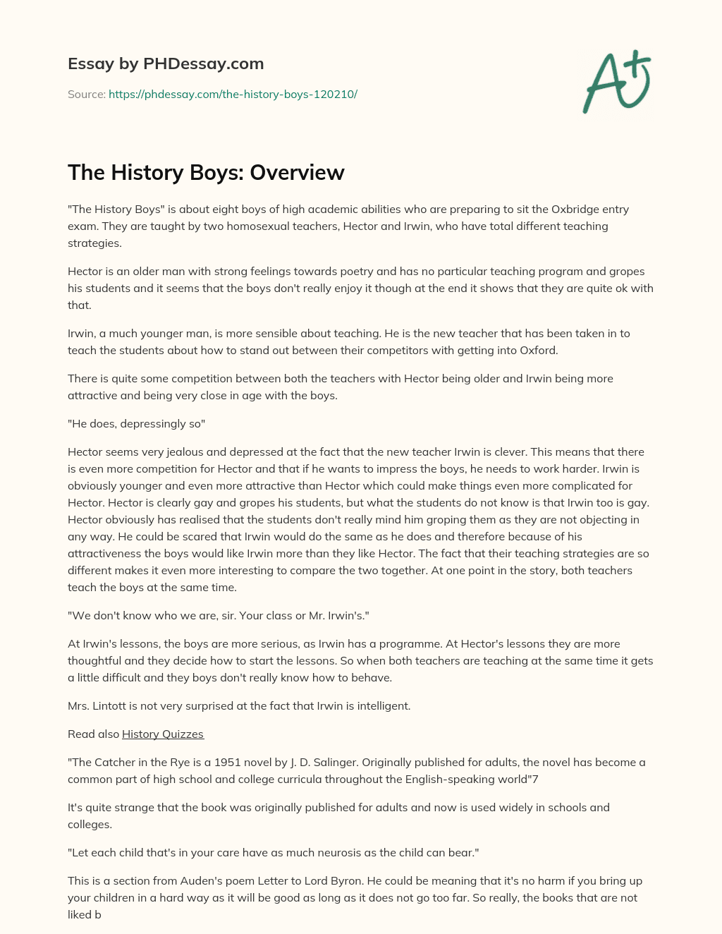 The History Boys: Overview essay