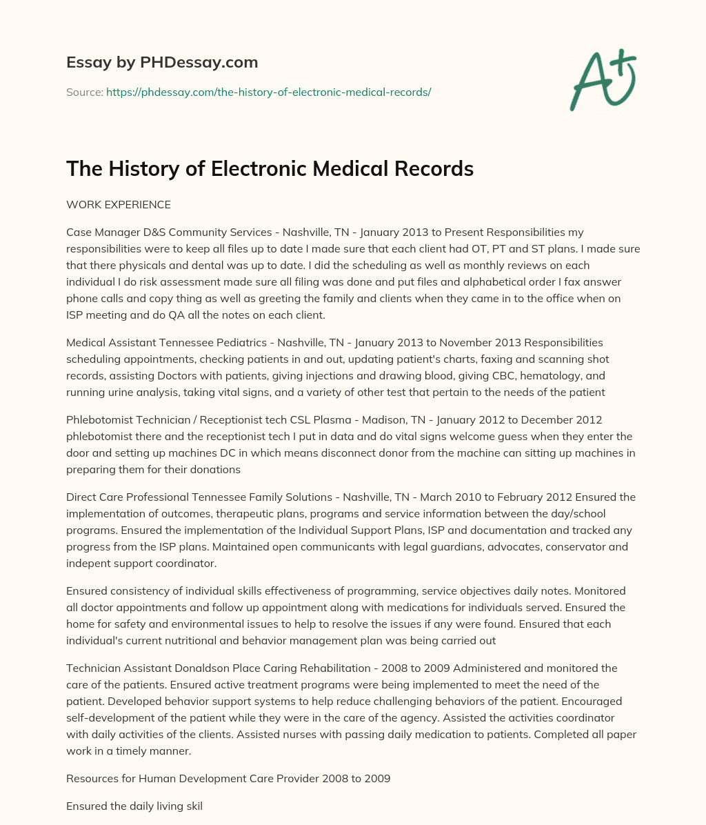 The History of Electronic Medical Records essay
