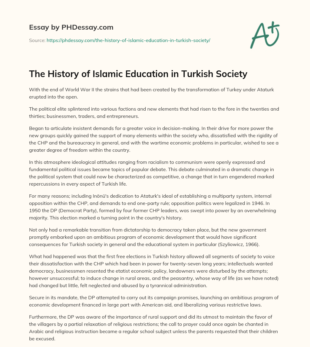 The History of Islamic Education in Turkish Society essay