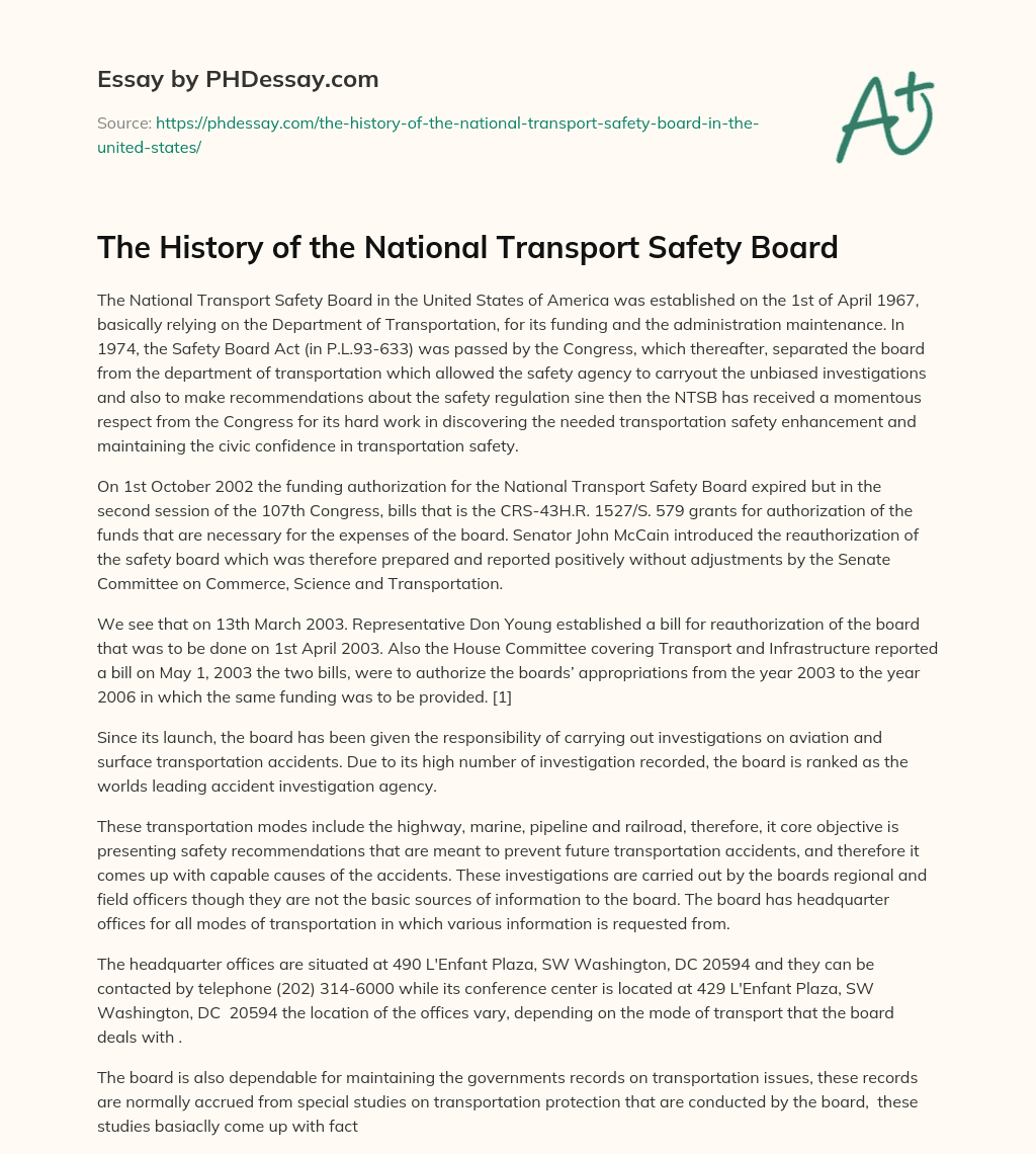 The History Of The National Transport Safety Board - PHDessay.com