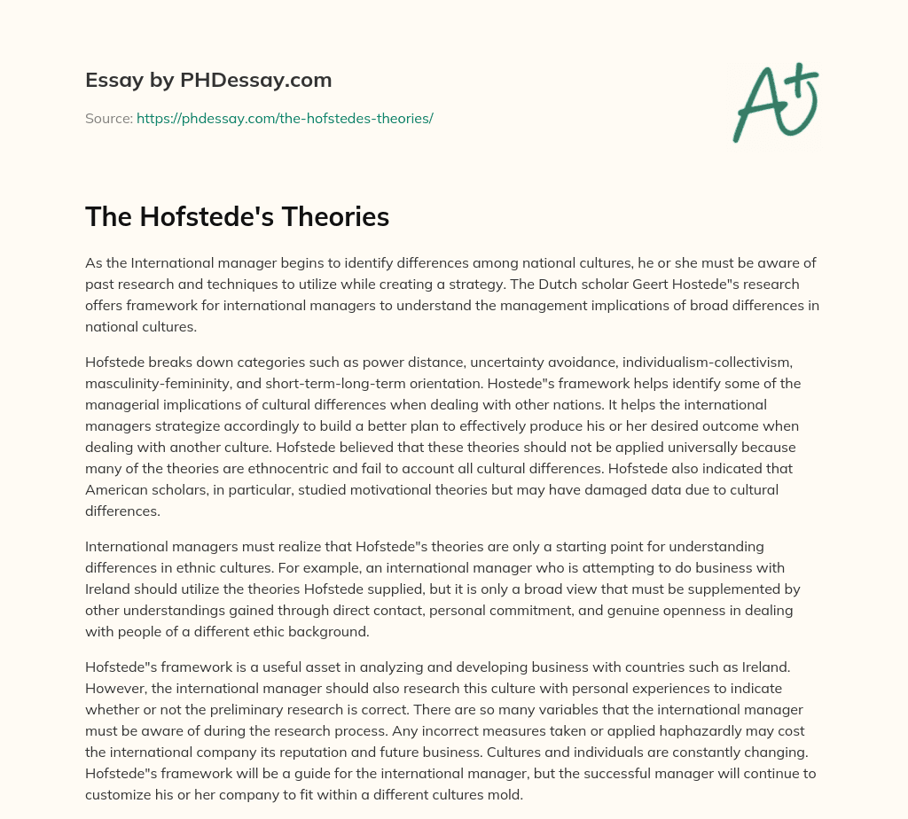 The Hofstede’s Theories essay