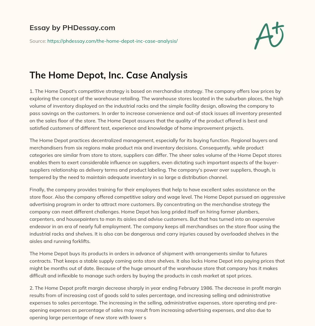 The Home Depot, Inc. Case Analysis essay