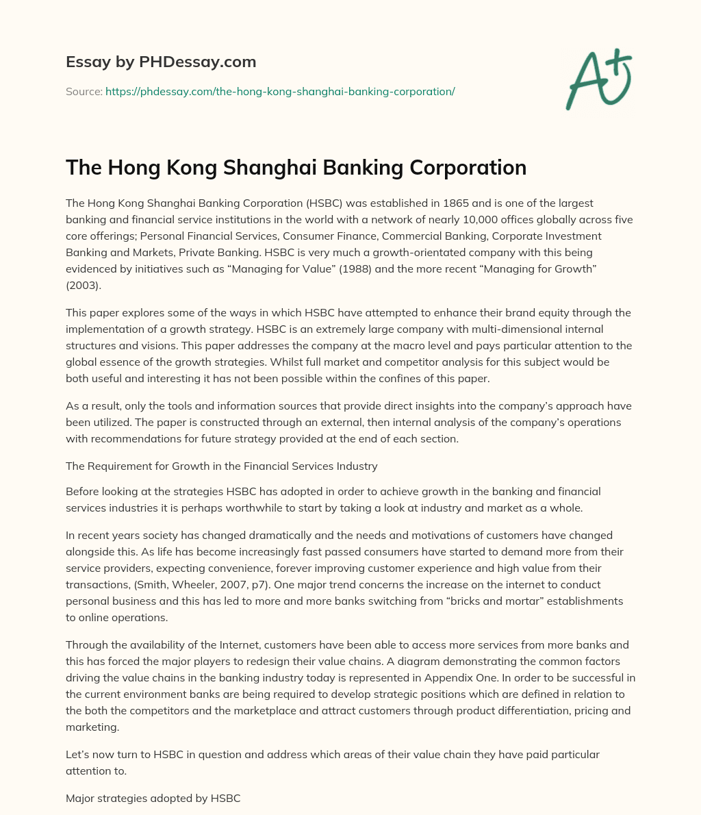 The Hong Kong Shanghai Banking Corporation essay