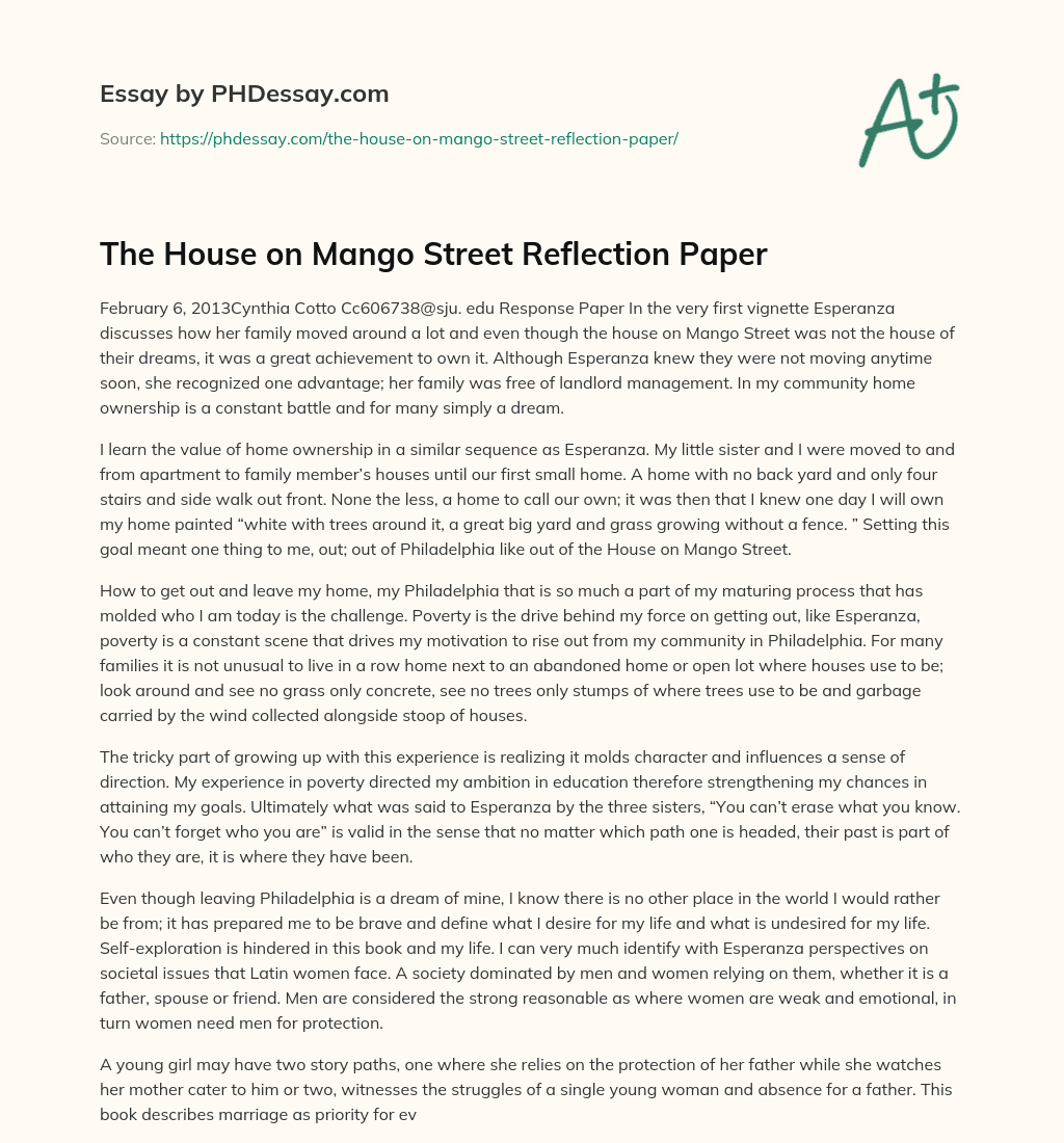 The House on Mango Street Reflection Paper essay